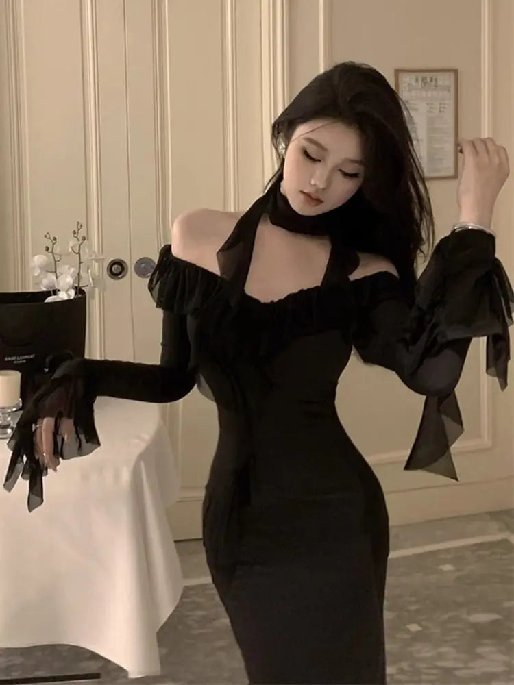 Elegant A-Line V-Neck Long Sleeve Dress - Slimming High Waist