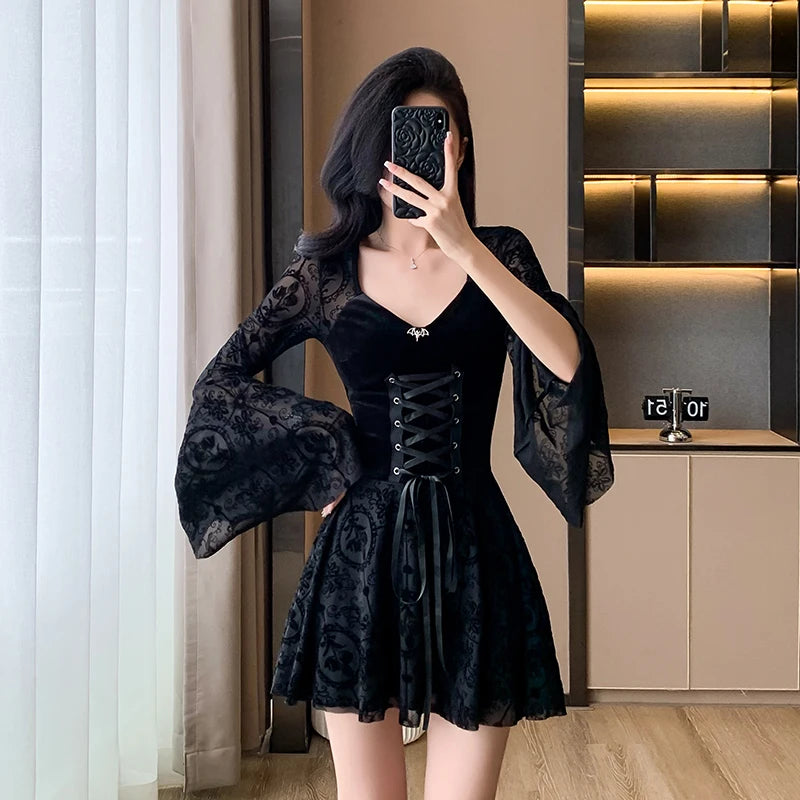 Y2K Black Velvet Flare Sleeve Mini Dress | Gothic Party Style