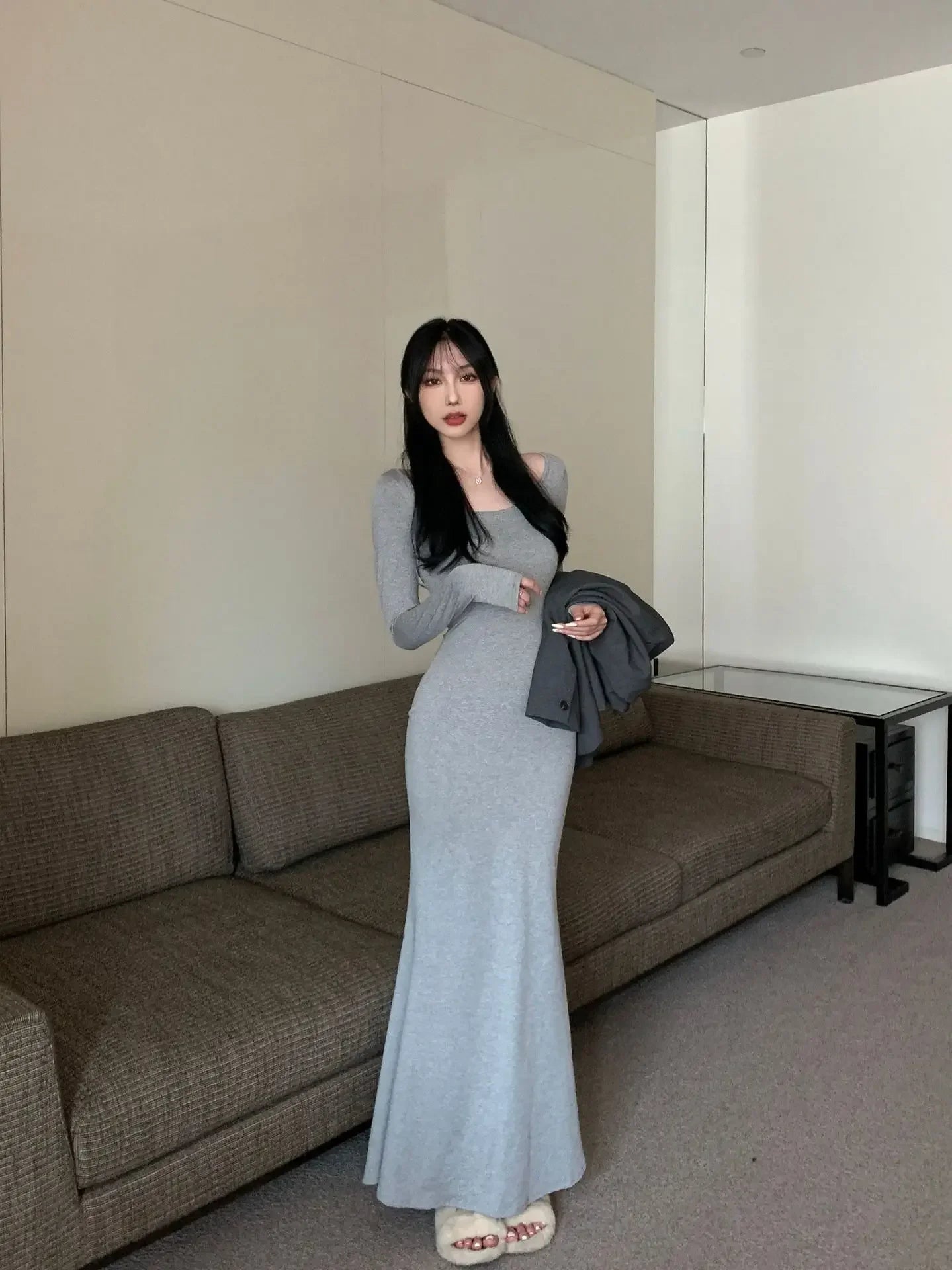 Elegant High-Waisted Fishtail Long Dress - Slimming Autumn Chic