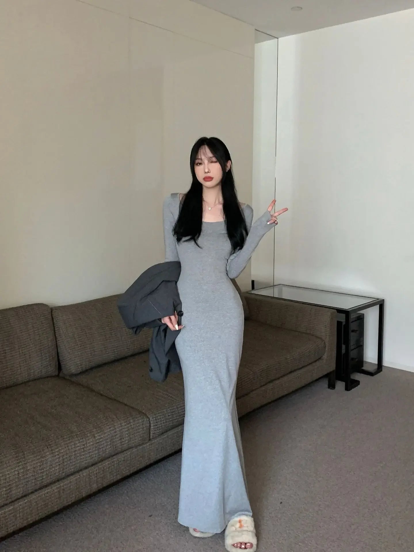 Elegant High-Waisted Fishtail Long Dress - Slimming Autumn Chic