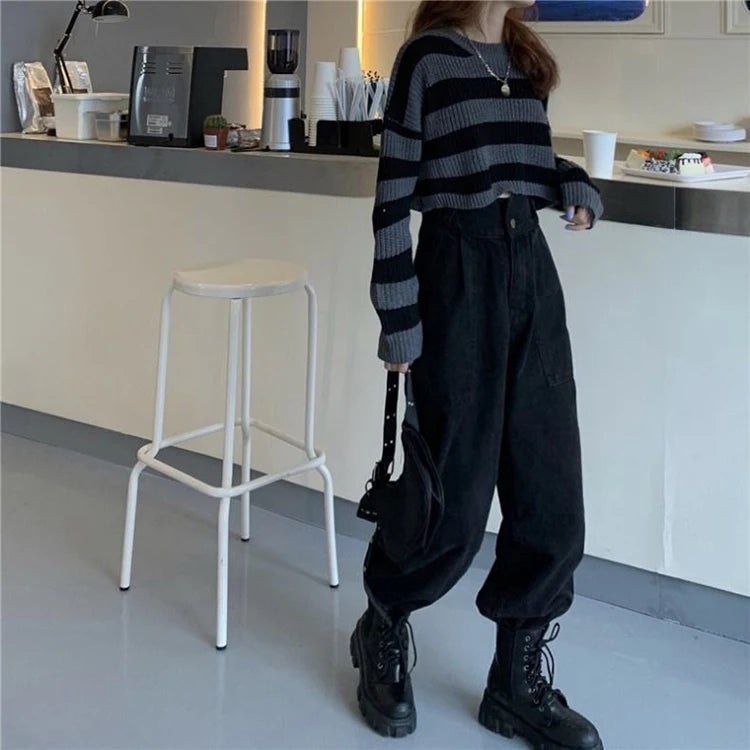 Black White Striped Cropped Sweater | Y2K Goth Knit Pullover