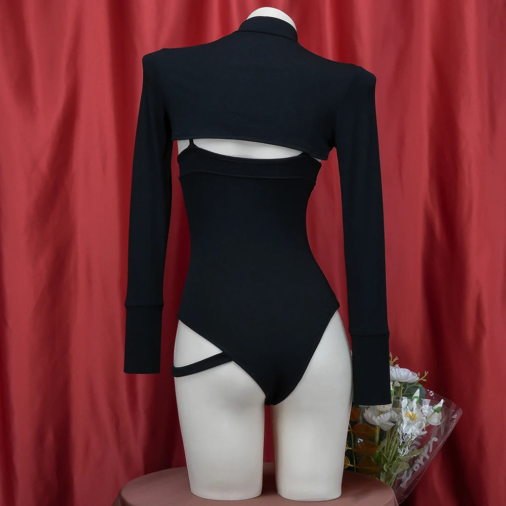 Alluring Black Hollow Bodysuit | Backless Long Sleeve Lingerie