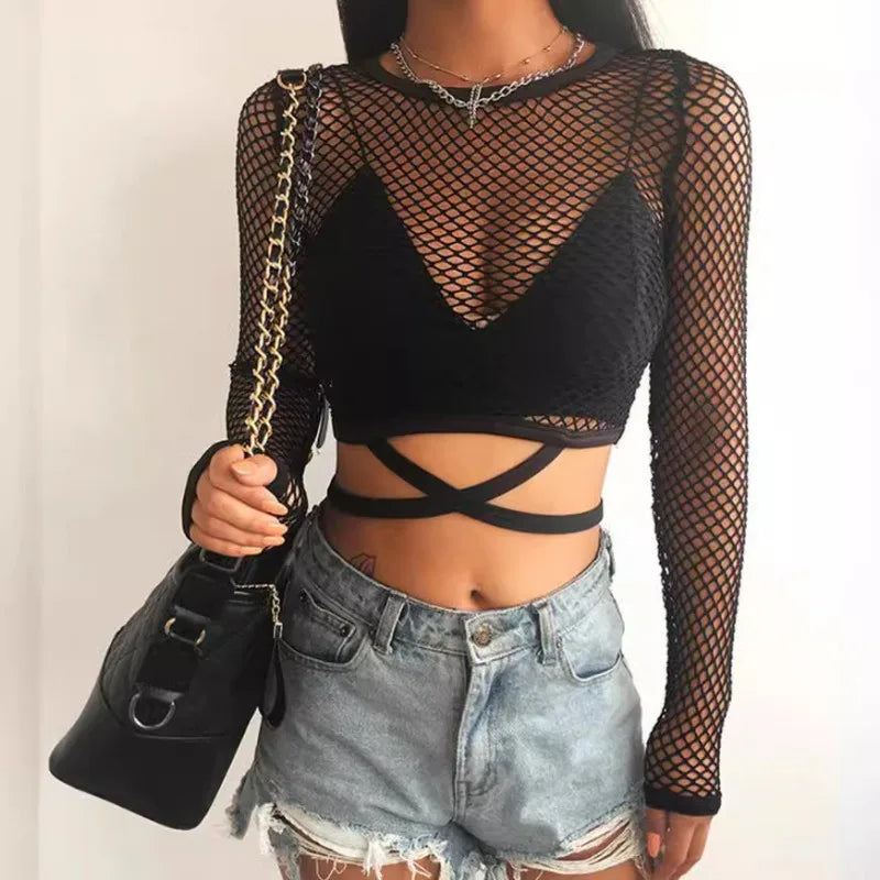 Women's Top with Mesh Mesh, Hollowed Out Straps, Exposed Navel, Round Neck, Long Sleeved Transparent Summer Sexy T-shirt