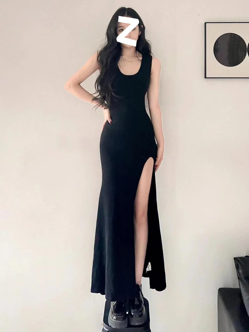 Queen Style Black Split Maxi Dress - Slim Fit Strappy