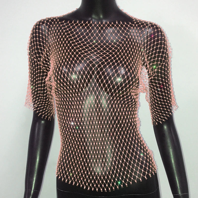 Sexy New Mesh Rhinestone Long Sleeve T Shirt Women Hollow See-through Fishnet Tops Summer Casual Shirt Party Club Women Clothing