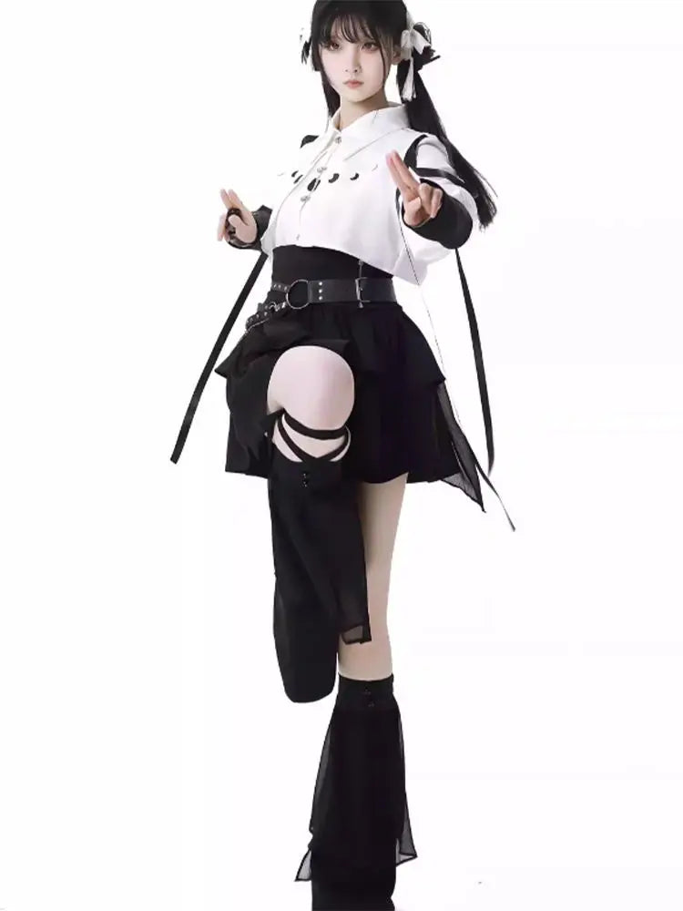 Y2k 3-Piece Skirt Set: Long Sleeve Top, A-Line Skirt & Cummerbund