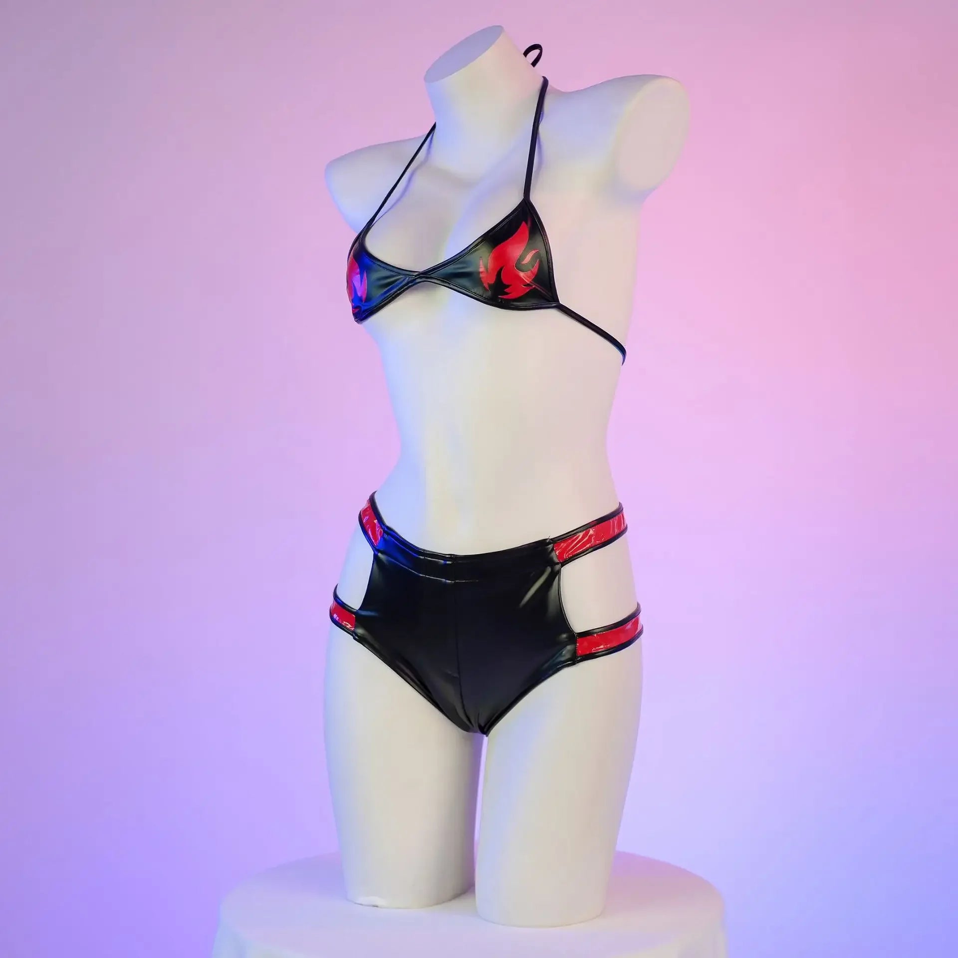 Daring PU Leather Bondage Bikini Set - Exotic Print Lingerie