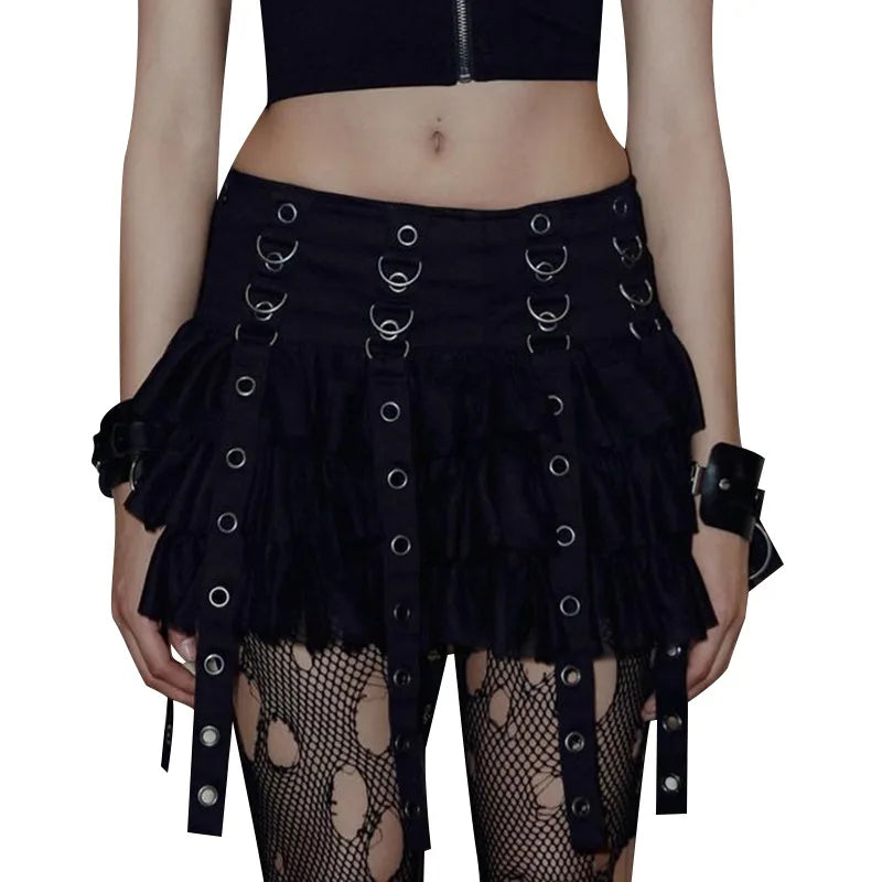Mall Goth Black Pleated Mini Skirt with Chain Women's Punk High Waisted Tennis Skirt Fairy Grunge Aesthetic E Girl Cloth