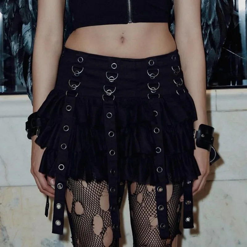 Mall Goth Black Pleated Mini Skirt with Chain Women's Punk High Waisted Tennis Skirt Fairy Grunge Aesthetic E Girl Cloth