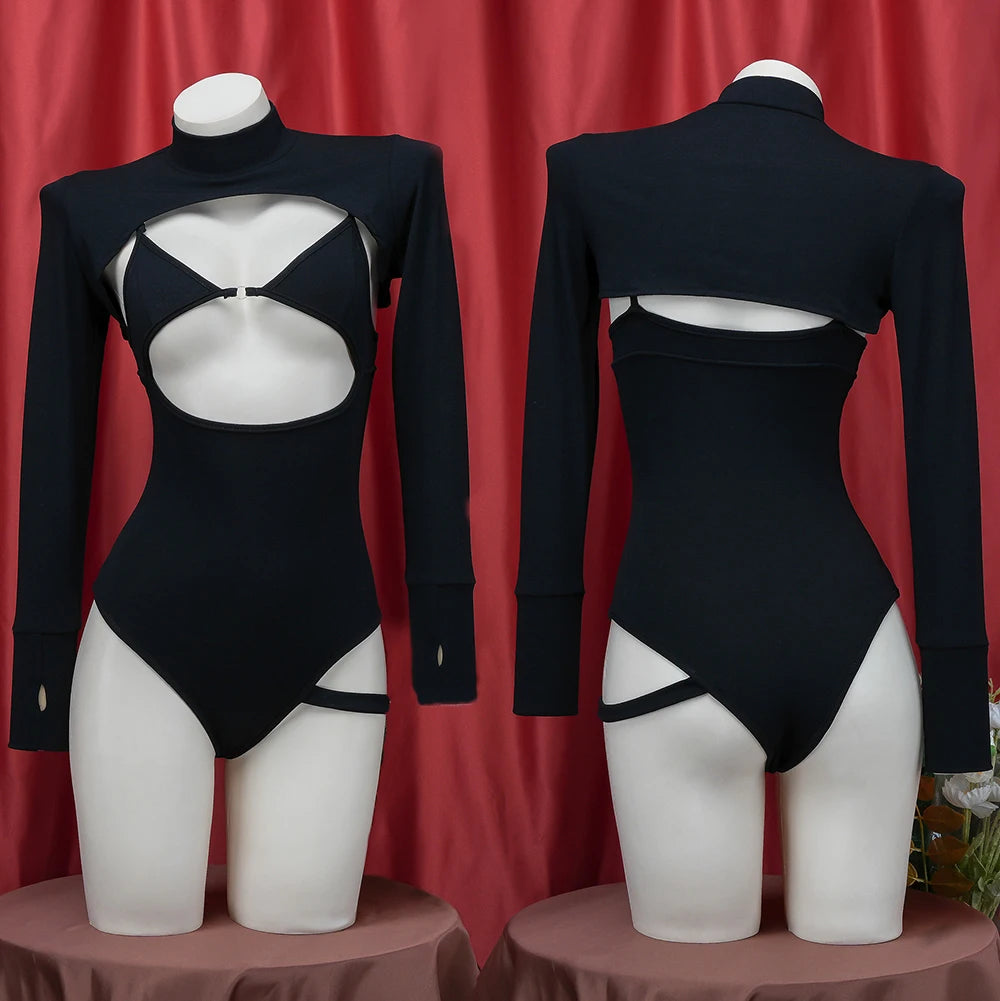 Alluring Black Hollow Bodysuit | Backless Long Sleeve Lingerie