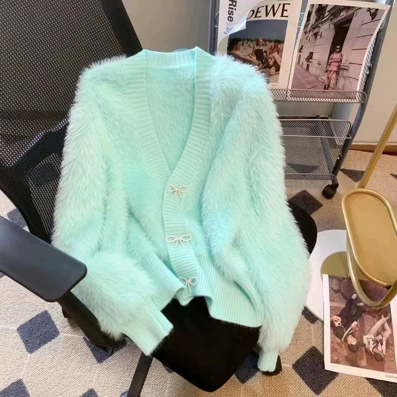 2026 Spring Autumn Women's Sweater Cardigan Jacket New Loose V-neck Imitation Mink Fur Sweater Jacket Female Knitted Tops Coat