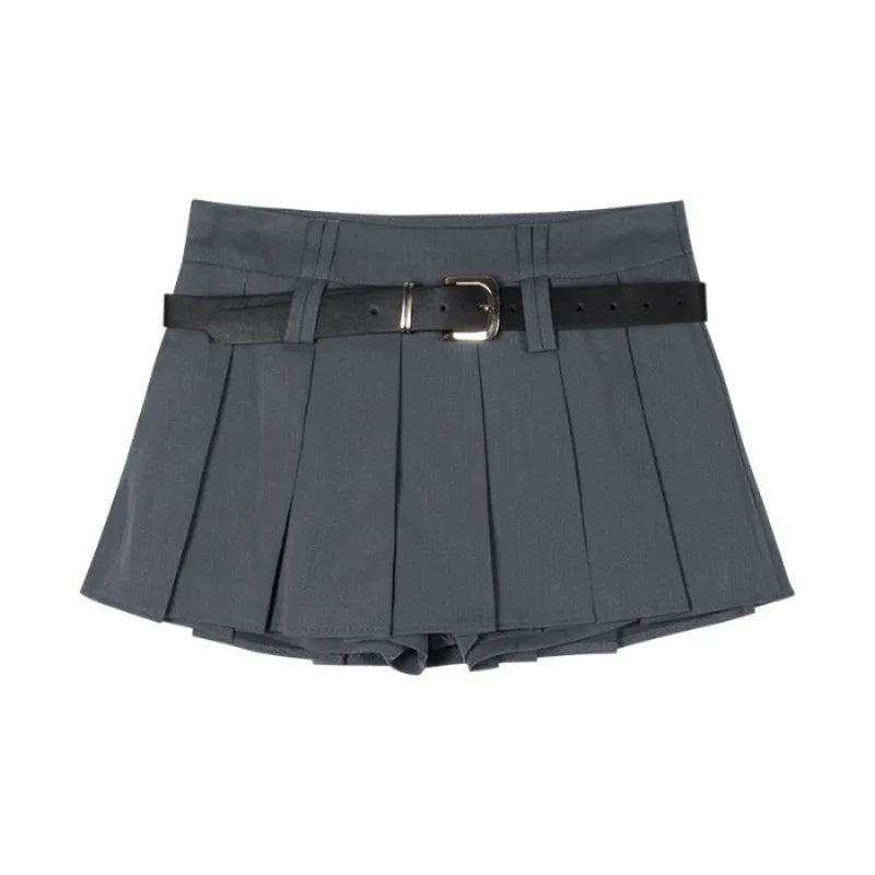Women's Low Rise Pleated Mini Skirt Sexy A-Line Short Skirt with Belt and Built-In Shorts for Summer
