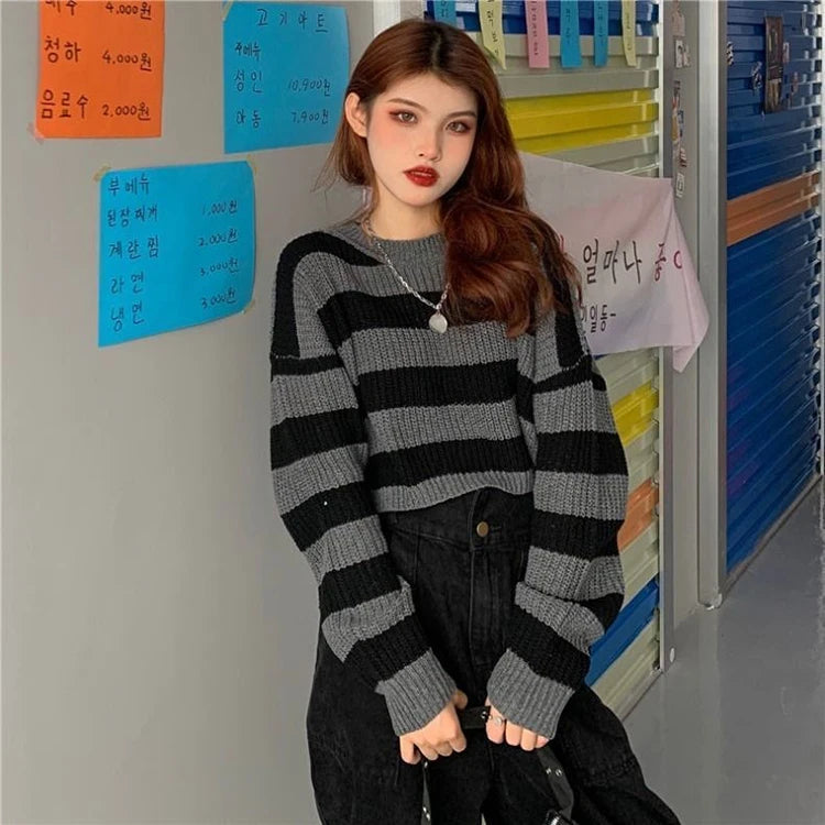 Black White Striped Cropped Sweater | Y2K Goth Knit Pullover
