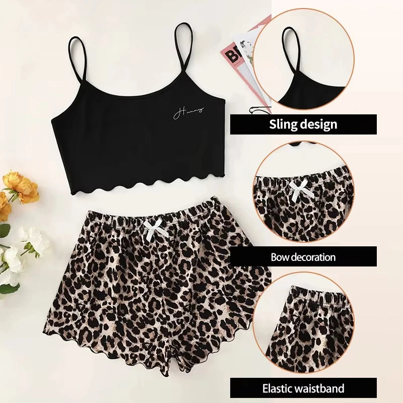 Women's Pajamas Set Sexy Lingerie Leopard Print Sling Sleepwear V-Neck Sleeveless Top and Shorts Sets Pyjamas Homewear