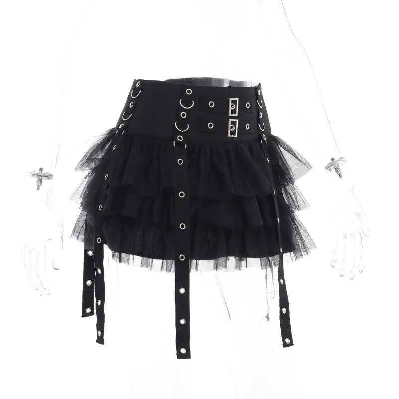 Black Women Punk High Waisted Goth Skirt Sexy Pleated Mini Skirt with Chain E Girl Lace-Up Tie PU Leather Corset Y2K Crop Tops