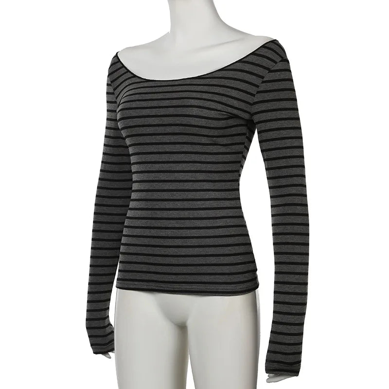 Harajuku Basic Slim Long Sleeve Stripe Tee Off Shoulder O Neck Korean Street Style Spring Autumn Y2K Women's Gray T Shirt