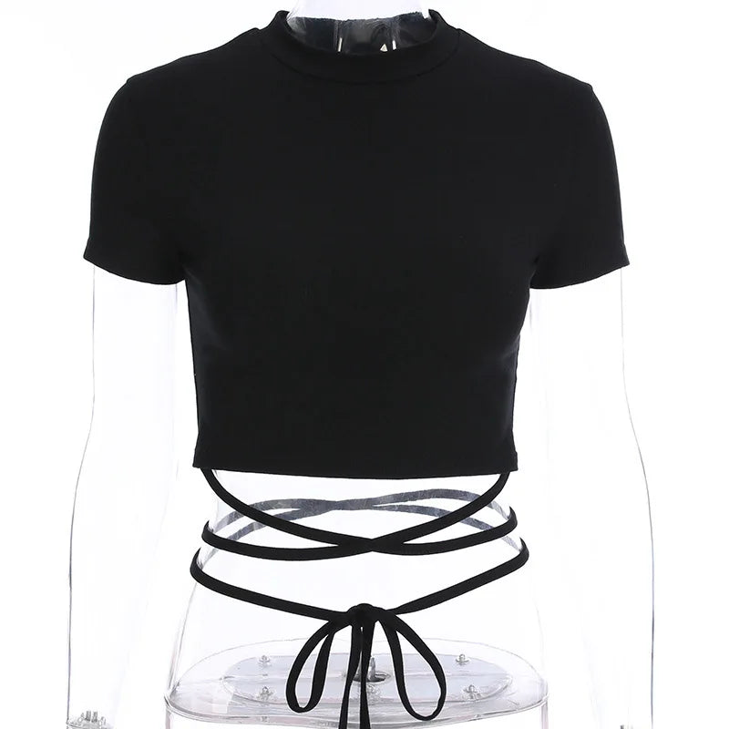 2024 Summer Women Black Short T-Shirts Sexy Crop Tops Short Sleeve Bandage Tee Tops Female Shirts