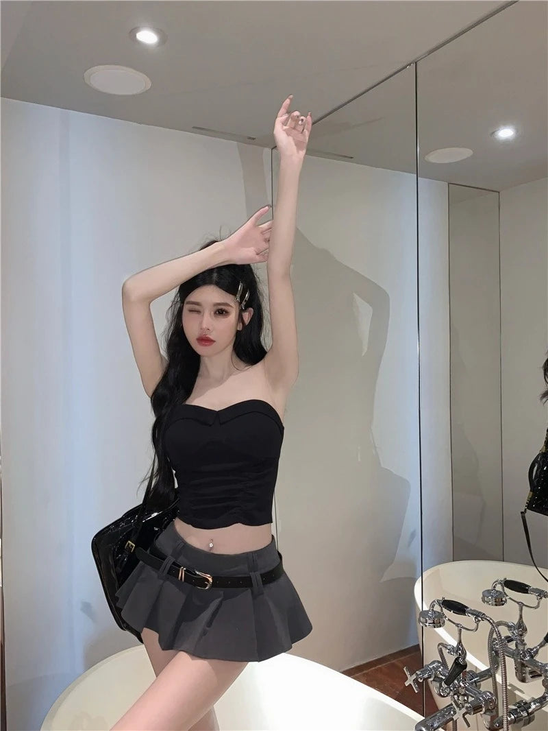 Women's Low Rise Pleated Mini Skirt Sexy A-Line Short Skirt with Belt and Built-In Shorts for Summer