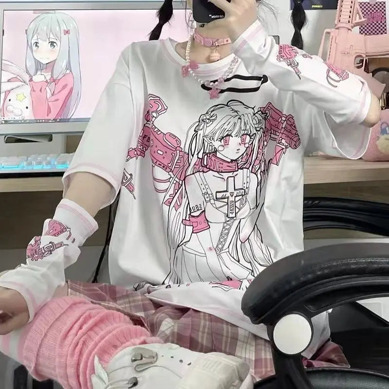 Japanese Two-dimensional Space Cartoon Print Tshirts Women O-neck Short Sleeve Kawaii Loose Top Aesthetic Grunge Y2k Fairy Tee
