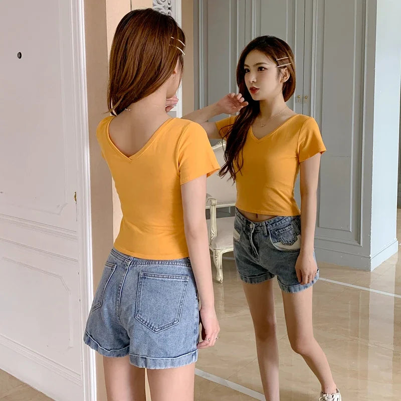 Summer Fashion Solid V Neck T Shirts Women Short Sleeve Sexy Crop Tops Ladies Casual Tees Top Tees Female Black Cotton T-Shirts