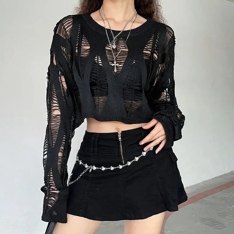 Women Hole Hollow Out Y2K T-shirts Batwing Sleeve Knitted Shirt for Women Punk Loose Streetwear Tops Spring Autumn 2026