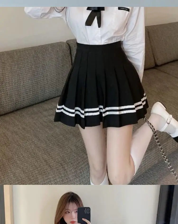 Korean Style Pleated  Skirt for Women Spring Summer New High Waist Striped A-Line Skirt Student Fashion Commute Style