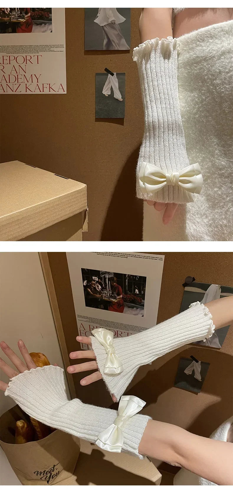Women Knitted Bow Tie Fingerless Gloves Lolita Arm Sleeve Y2k Pink Girl Gothic Keep Wamrm Long Gloves Kawaii JK Accessories
