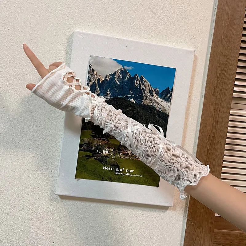 Women Cosplay Lolita Princess Style Lace Bandage Ribbon Thin Fingerless Long Gloves Cute Lovely Sweety Bow Elasticity Hollow