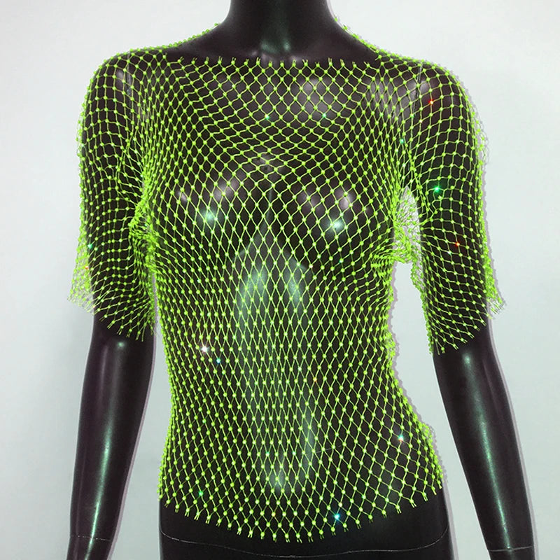 Sexy New Mesh Rhinestone Long Sleeve T Shirt Women Hollow See-through Fishnet Tops Summer Casual Shirt Party Club Women Clothing