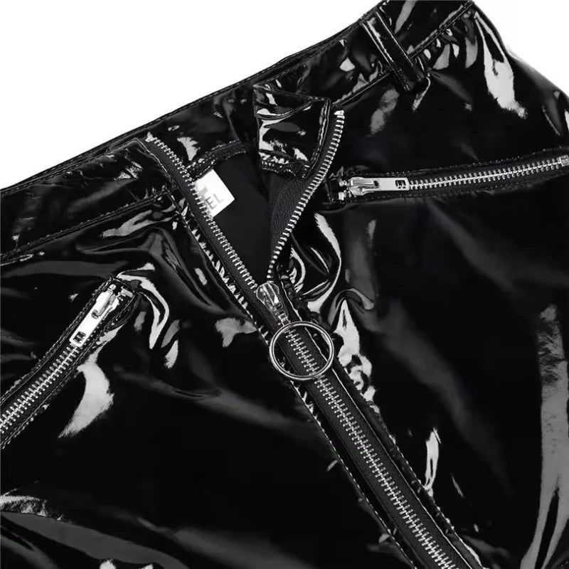 Plus Size Wetlook Latex Mini Skirts Women Sexy Leather Bodycoon Hip Wrap Skirt High Waist Zipper Skirts Night Party Clubwear