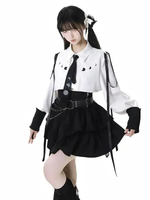 Y2k 3-Piece Skirt Set: Long Sleeve Top, A-Line Skirt & Cummerbund