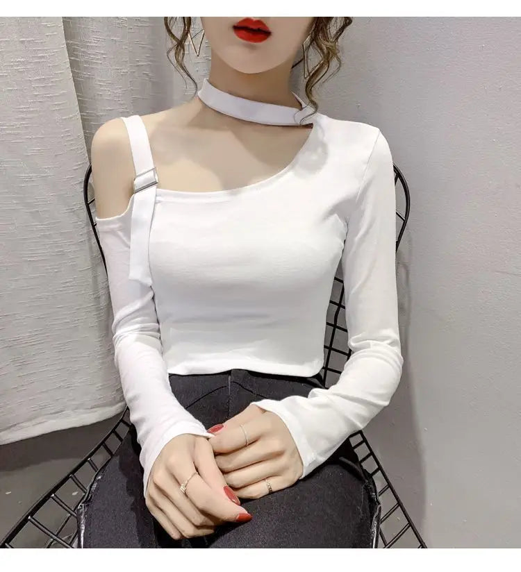 Chic Shoulder Bared Long Sleeve Base Shirt for Women Stylish Slim Fit Trendy Top Casual Loose Style Daily Wear Girl's Fashion