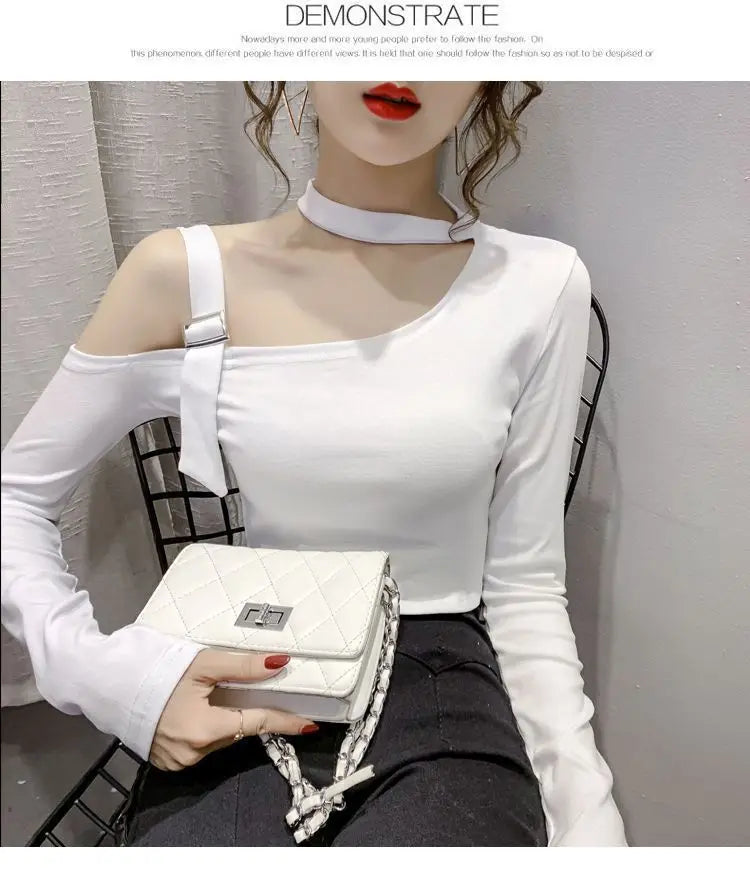 Chic Shoulder Bared Long Sleeve Base Shirt for Women Stylish Slim Fit Trendy Top Casual Loose Style Daily Wear Girl's Fashion