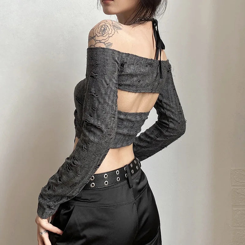 2025 Summer Sexy Drawstring Women T-shirts 2 Piece Set Y2k Distress Camisole Long Sleeve Buckle Tee Tops Hot Girls Clothes