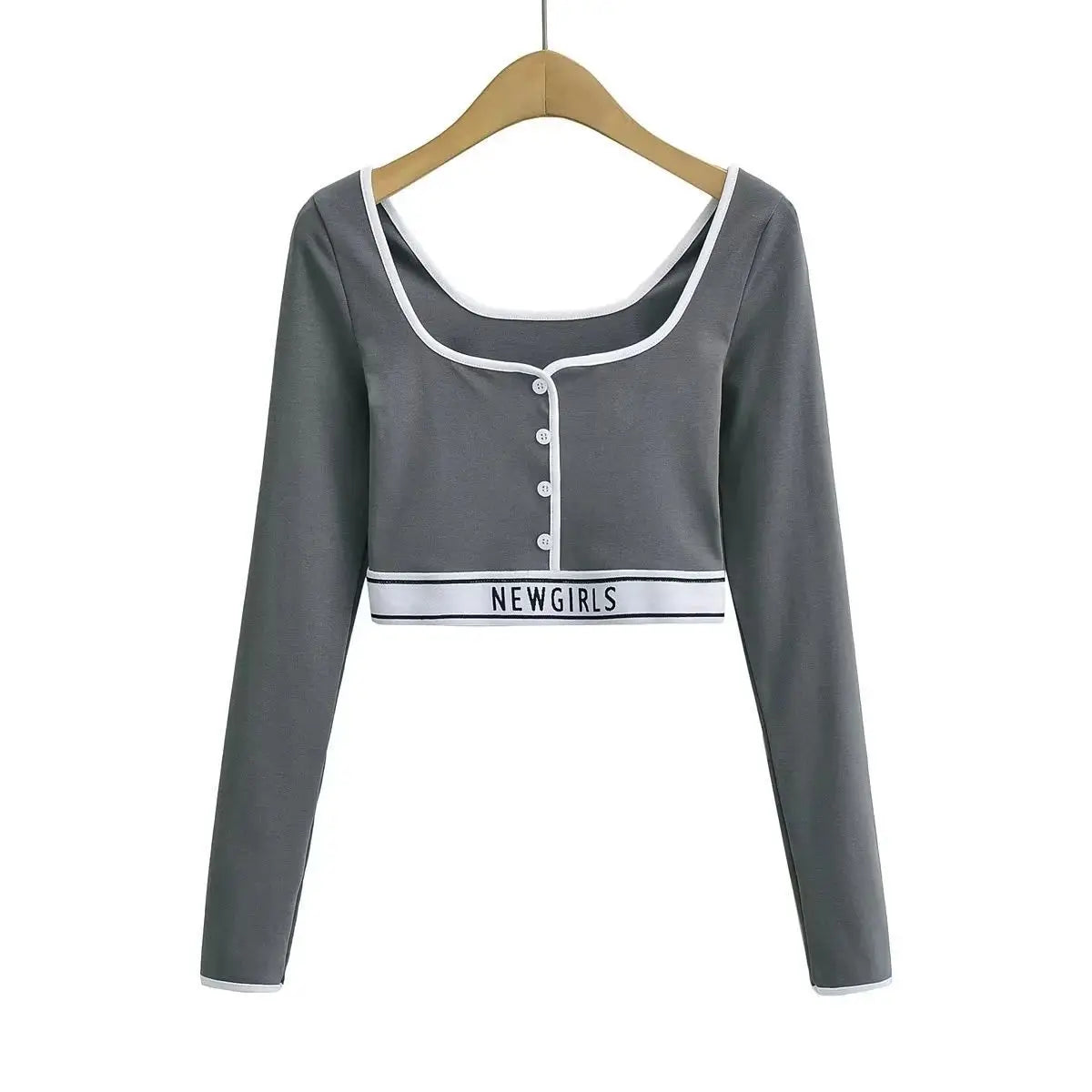 New Style Women's Tight Long-sleeved T-shirt Colour blocking Ultra-short Bottom High Waist Neckline Innerwear Athletic Tops