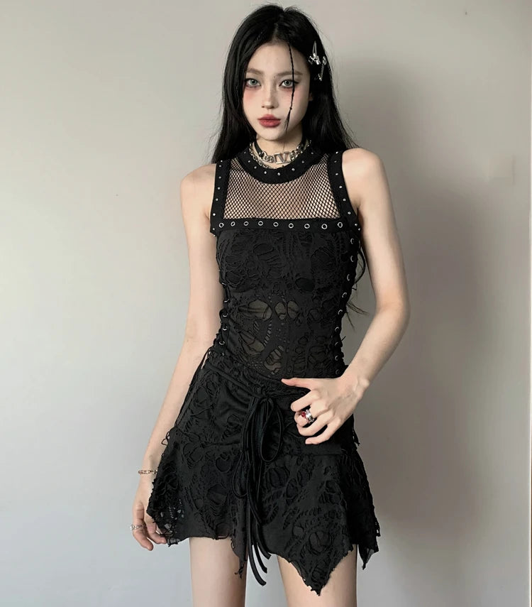 Gothic Y2k 2 Piece Set Hollow Out Lace Spliced Tank Crop Top Women Lace-up Waisted Irregular Mini Skirt 2025 Aesthetic Harajuku