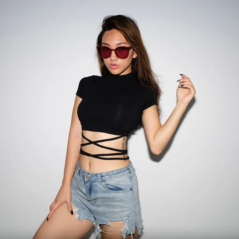2024 Summer Women Black Short T-Shirts Sexy Crop Tops Short Sleeve Bandage Tee Tops Female Shirts