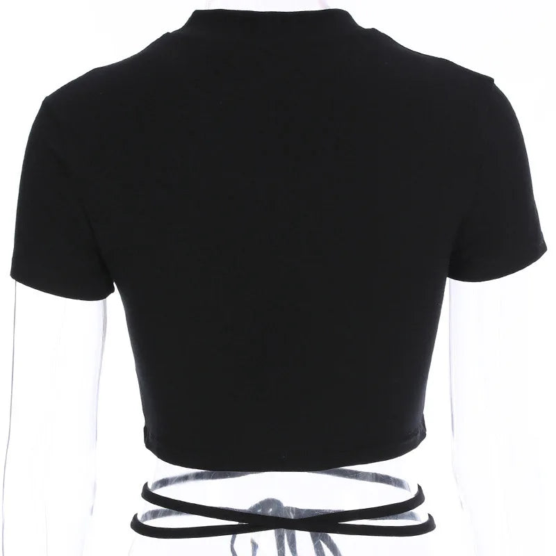2024 Summer Women Black Short T-Shirts Sexy Crop Tops Short Sleeve Bandage Tee Tops Female Shirts