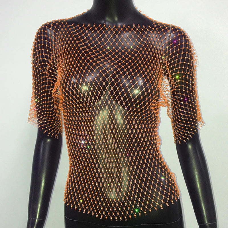 Sexy New Mesh Rhinestone Long Sleeve T Shirt Women Hollow See-through Fishnet Tops Summer Casual Shirt Party Club Women Clothing