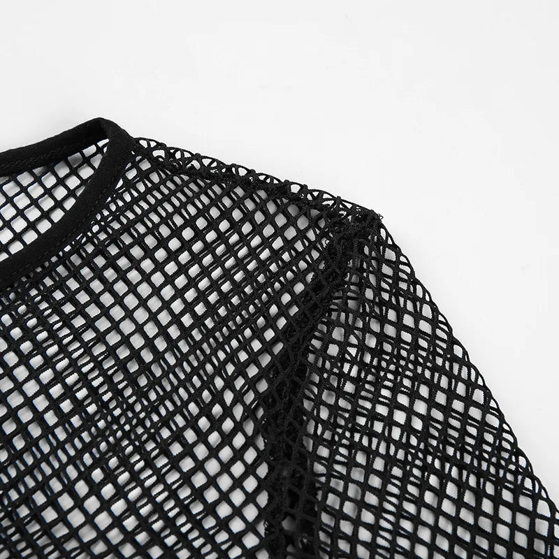 Sexy Black Hollow Out Mesh T-Shirt Female Skinny Crop Top 2024 New Fashion Summer Basic Tops For Women Fishnet Shirt