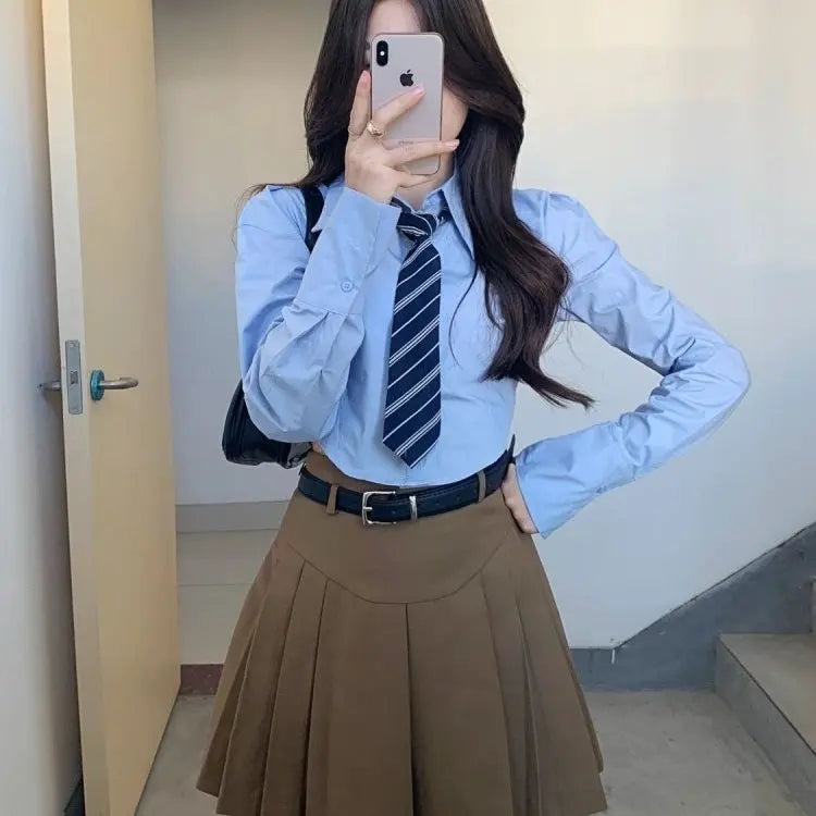 Women's Early Spring Short Sleeve Long Shirt Hong Kong Style Loose Fit Versatile Slimming Design Trendy Top Casual Shirt