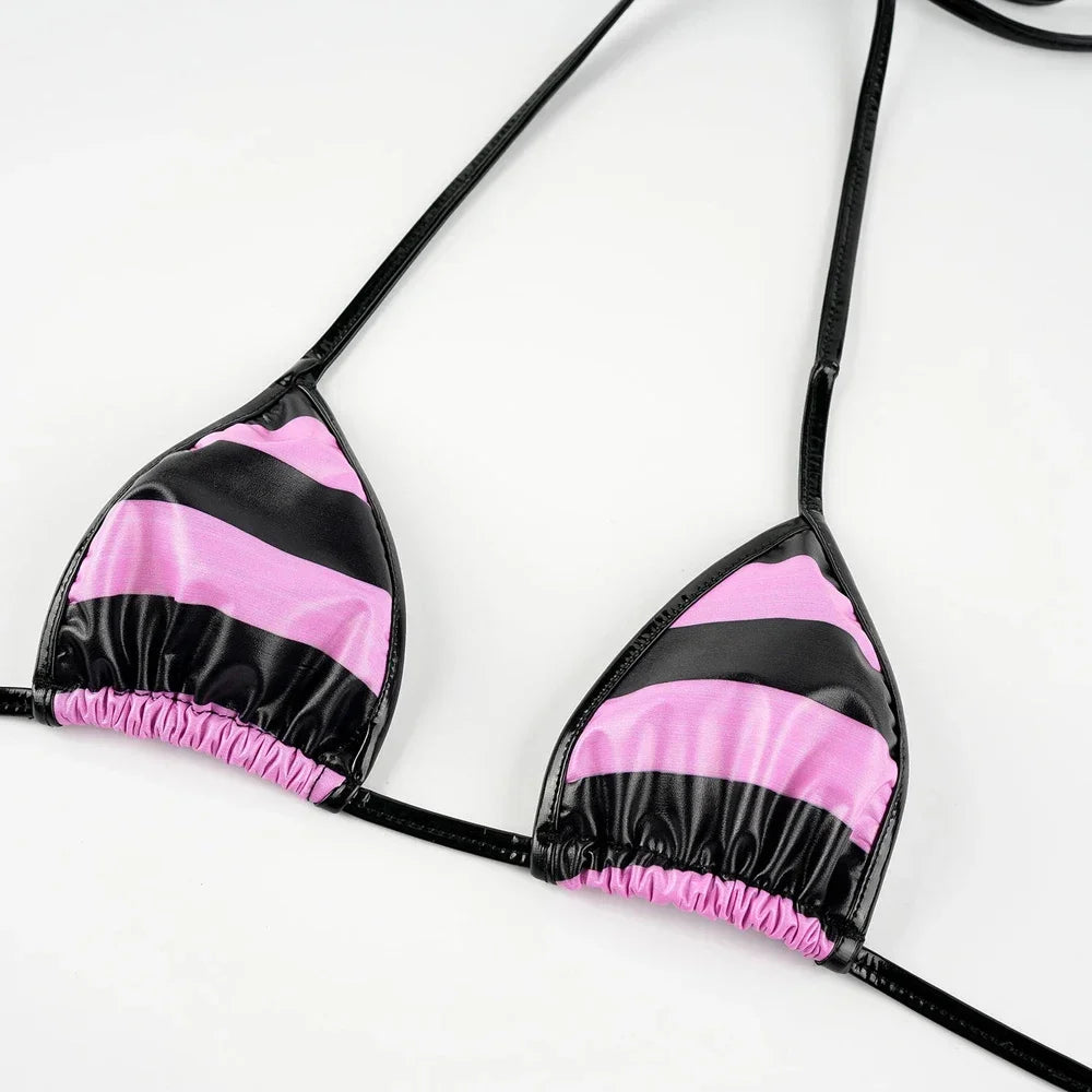 Daring PU Leather Micro Bikini Set | Anime Stripes Sexy Swimwear