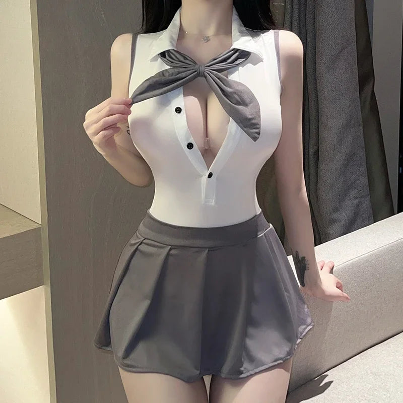 Seductive JK Student Lingerie: Backless Top & Pleated Skirt