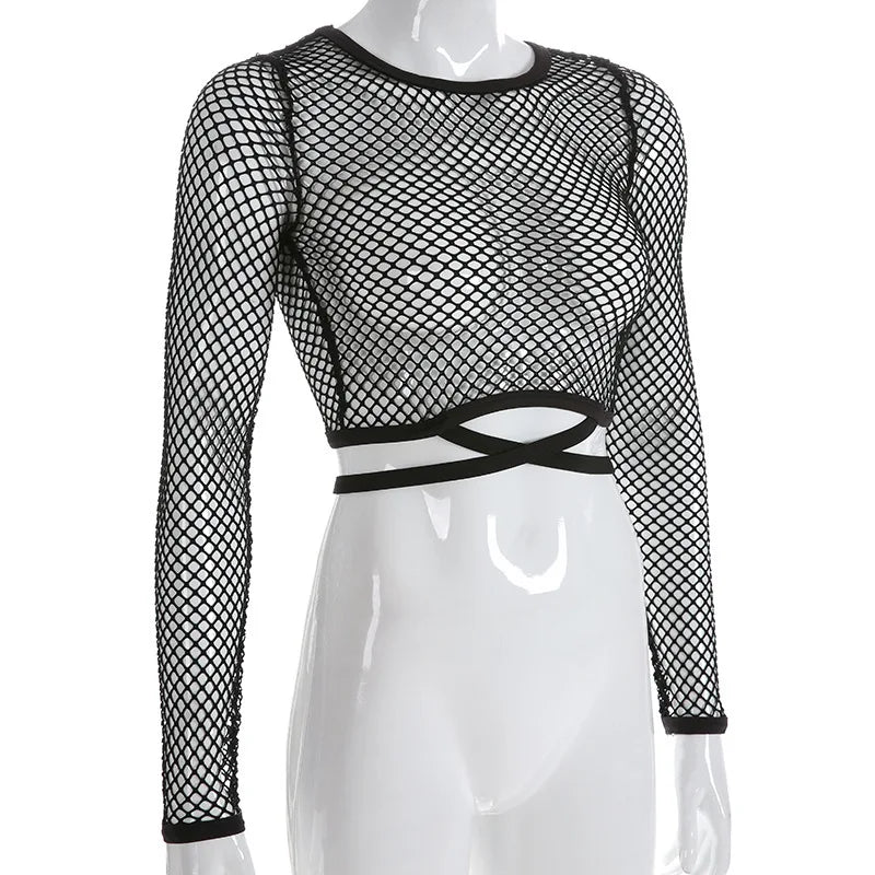 Women's Top with Mesh Mesh, Hollowed Out Straps, Exposed Navel, Round Neck, Long Sleeved Transparent Summer Sexy T-shirt