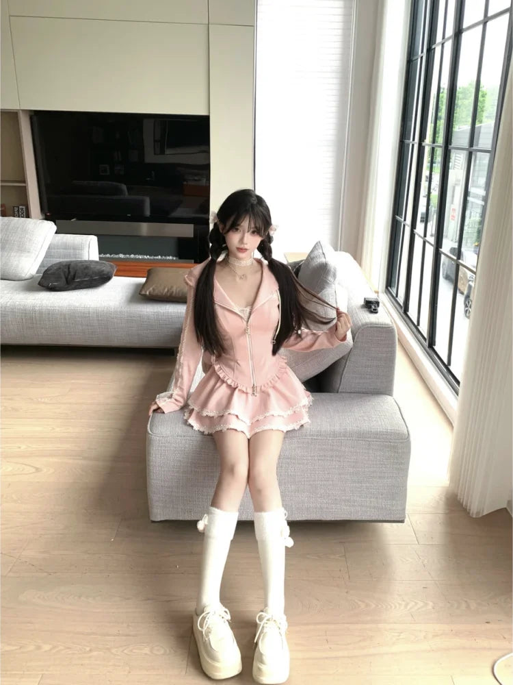 Sweet Lace Patchwork Hoodie And  Skirt Slimming Women's Two-Piece Set Fashionable Casual Wear for Autumn Season