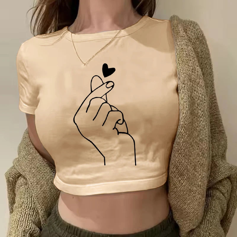 Women Funny Hand Heart Print Cropped T Shirt 2000s Girls Summer O Neck Tshirt 90s Harajuku Graphic Crop Tops Female Clothes