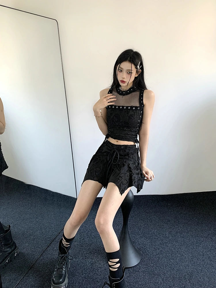 Gothic Y2k 2 Piece Set Hollow Out Lace Spliced Tank Crop Top Women Lace-up Waisted Irregular Mini Skirt 2025 Aesthetic Harajuku