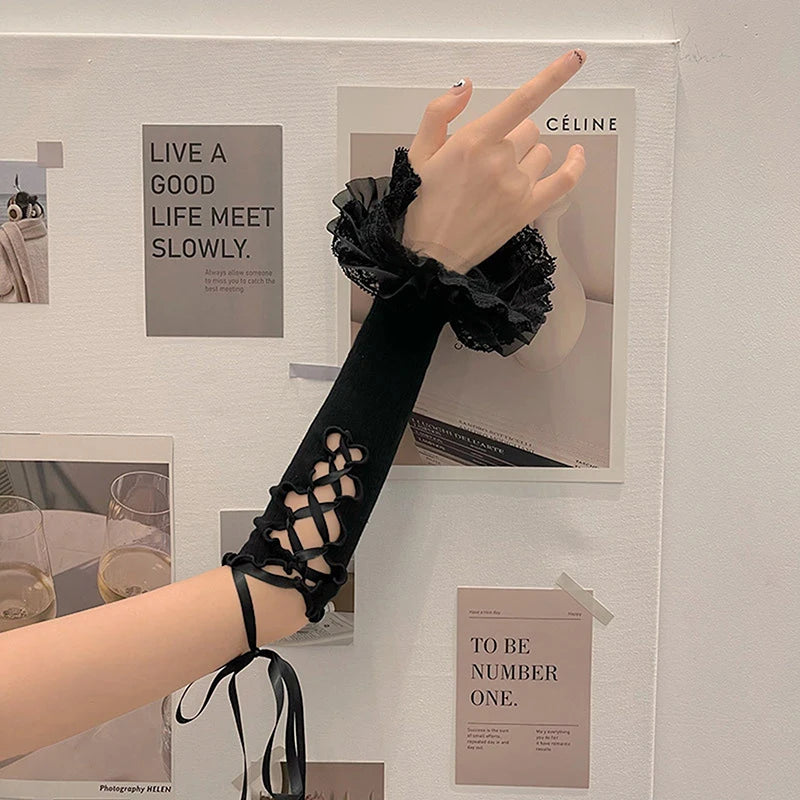 Black White Lace Strap Arm Sleeves Vintage Ribbon Bow Gothic Gloves for Women Girls Sweet Lolita Cuffs Covers Sunscreen Sleeves