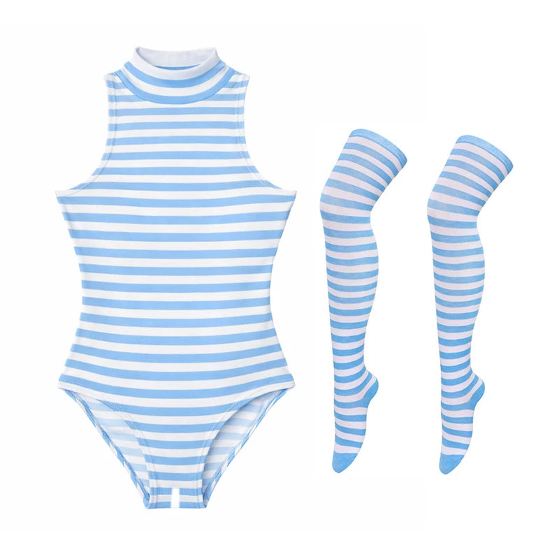 Cute Anime Striped Bodysuit Lingerie | Open Crotch & Playful
