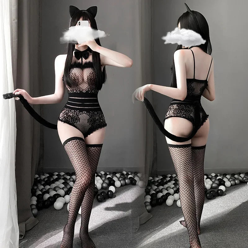 Sexy Black Cat Lingerie Cosplay Bodysuit & Accessories Set